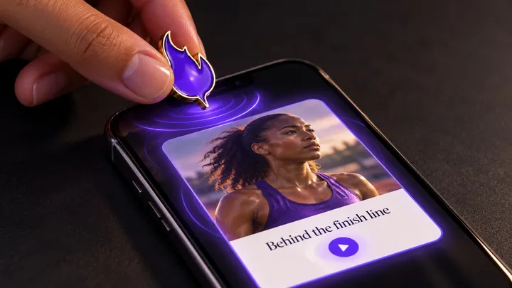 A Smart Pin tapped against a phone, opening an athlete story card