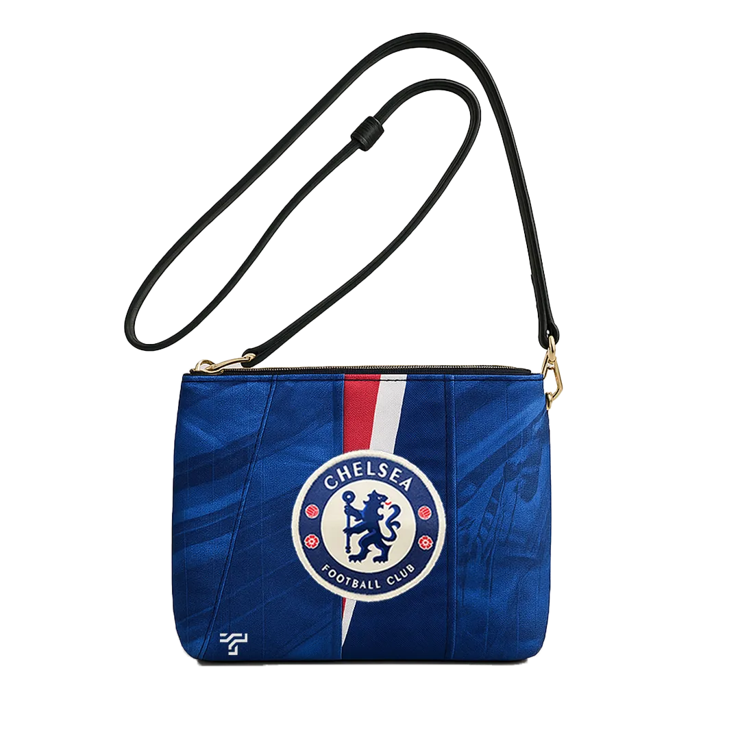Royal-blue crossbody bag in kit-texture print with a red and white stripe, Chelsea FC crest and ThreadTap mark
