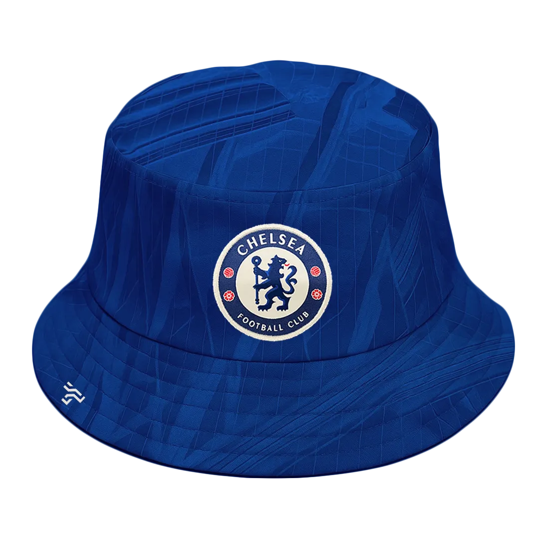 Royal-blue bucket hat in a kit-texture print with a Chelsea FC crest and a ThreadTap mark on the brim