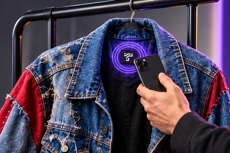 A phone tapping the glowing ThreadTap NFC label inside an upcycled patchwork denim jacket