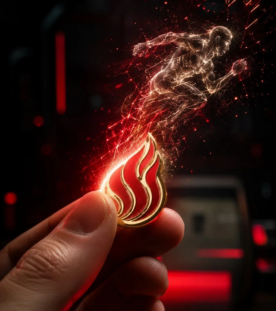 A glossy red flame pin held between fingers, with a streak of light shaped like a running athlete bursting from it