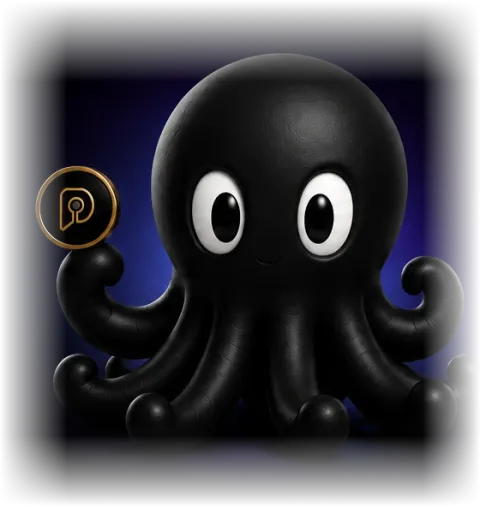 Hello, PinTap's glossy black octopus mascot, holding up a gold PinTap pin