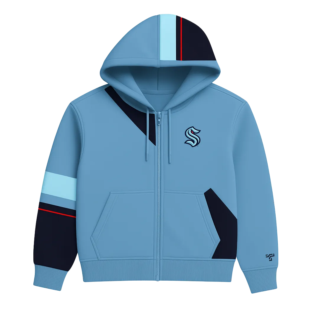 Ice-blue zip hoodie with navy and red colour-blocking, a Seattle Kraken crest on the chest and a ThreadTap mark on the cuff