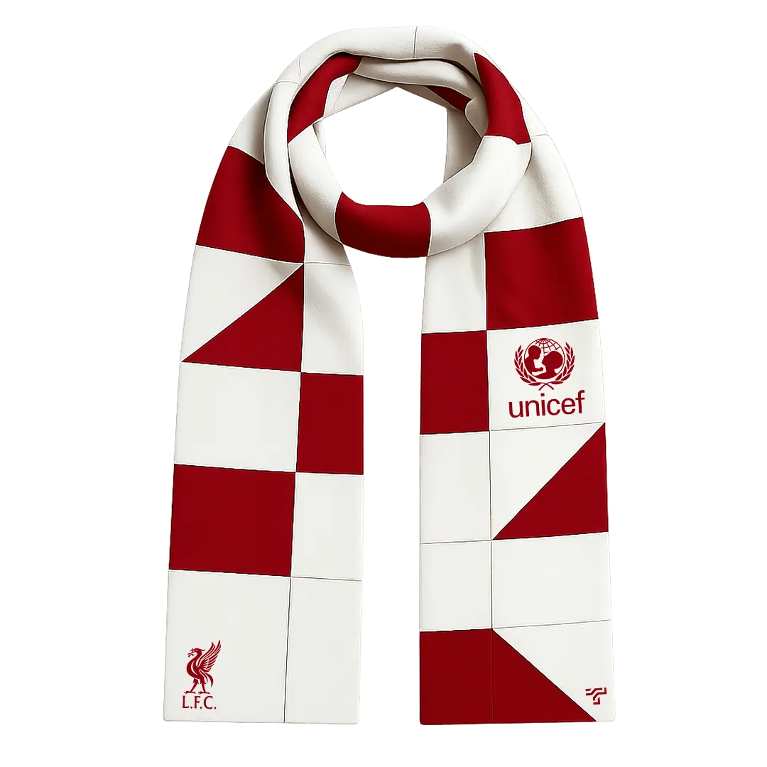 Red and white patchwork scarf with Liverpool FC and UNICEF marks and a ThreadTap tab
