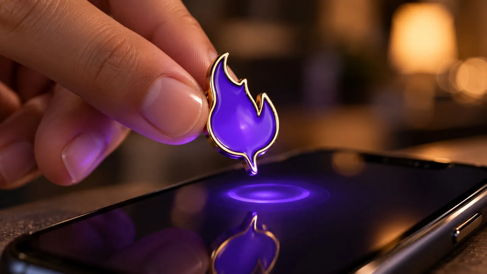 A violet enamel Smart Pin being tapped against a phone screen, with an NFC ripple glowing underneath