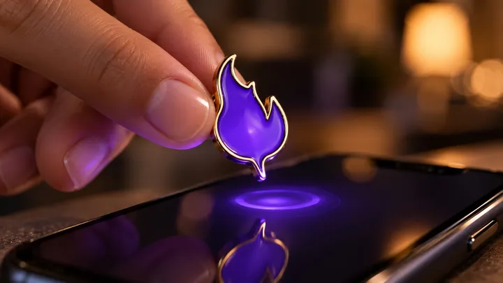 A violet Smart Pin being tapped against a phone screen