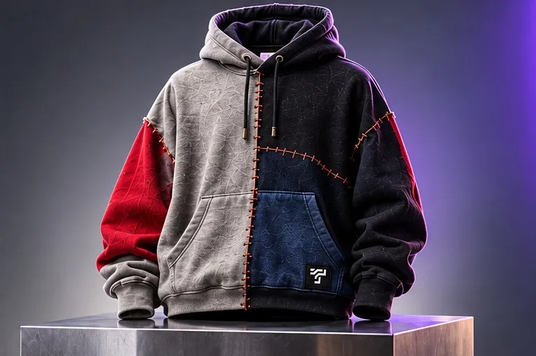 An upcycled patchwork hoodie in grey, black, navy and red with hand-stitched seams and a ThreadTap label, on a steel plinth