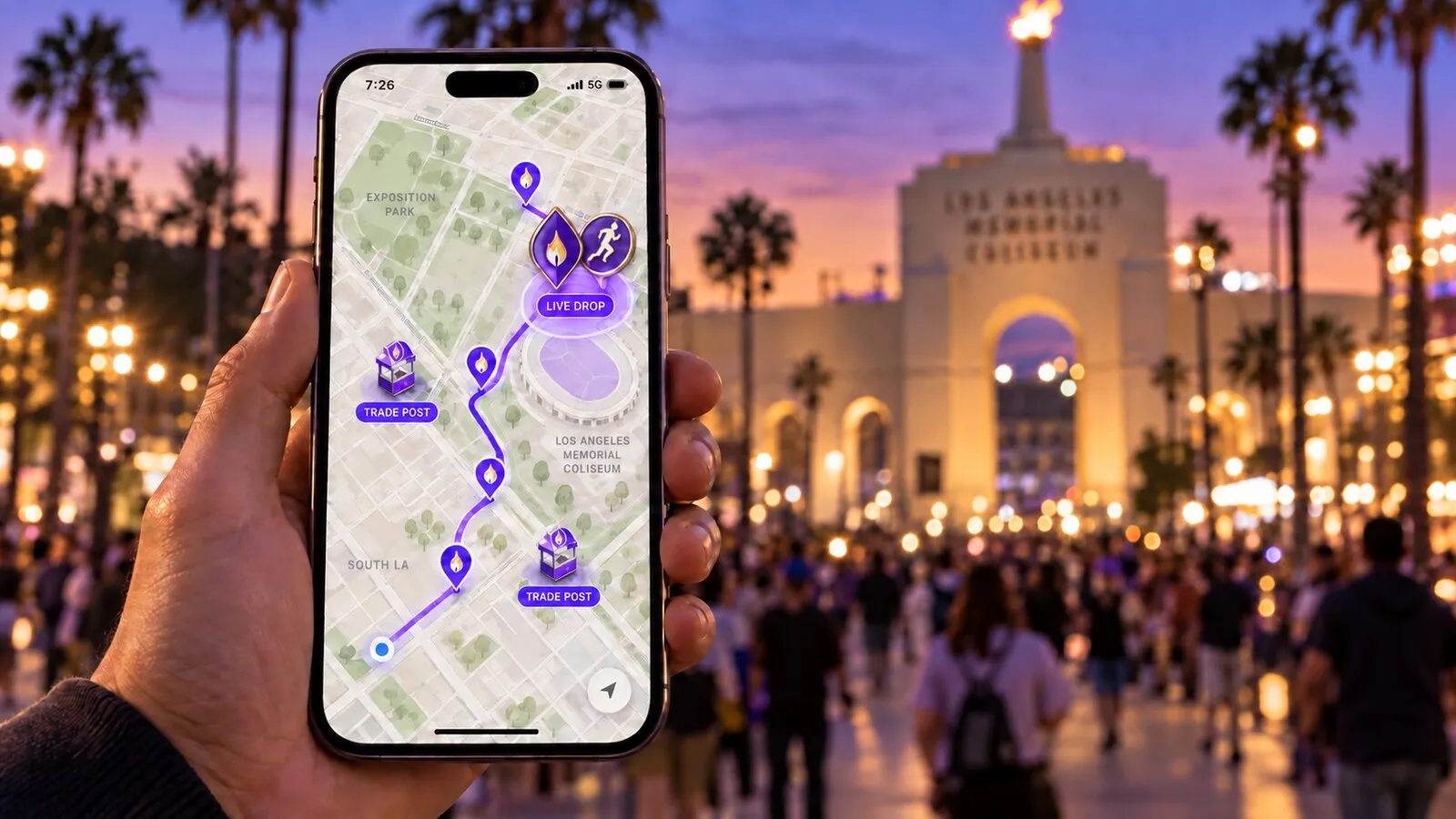A phone showing a map of a pin trail with live drops and trade posts, outside a stadium at dusk
