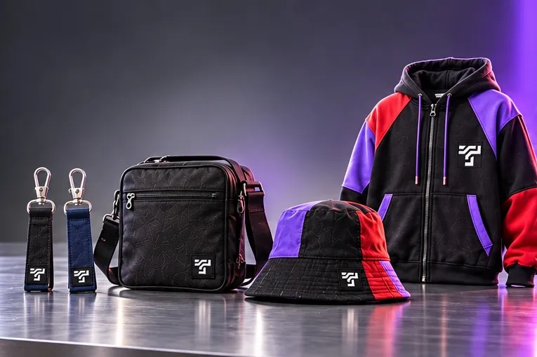 ThreadTap Premium Tap Items on a steel counter: two woven keychains, a black crossbody bag, a colour-blocked bucket hat and a colour-blocked zip hoodie