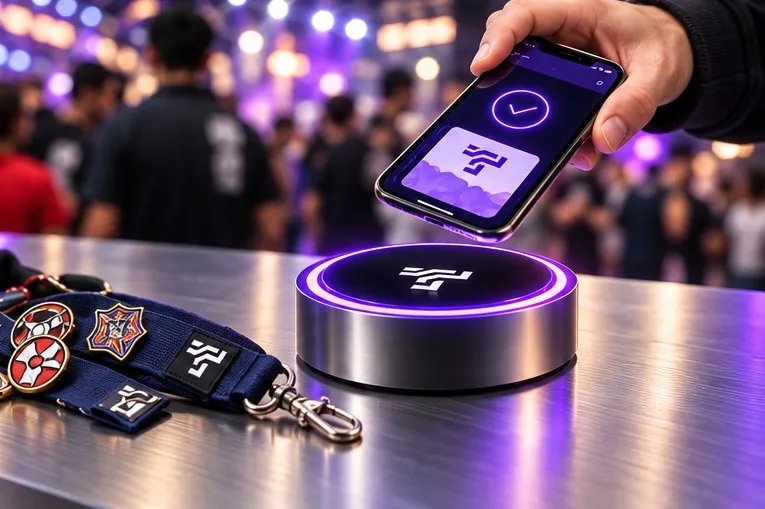 A phone hovering over a glowing ThreadTap reader on a counter at a night-time fan event, showing a verified check, with a pin-covered lanyard beside it