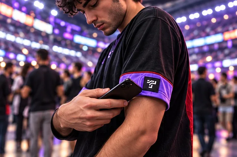 A fan in an arena tapping his phone against the ThreadTap label on his sleeve