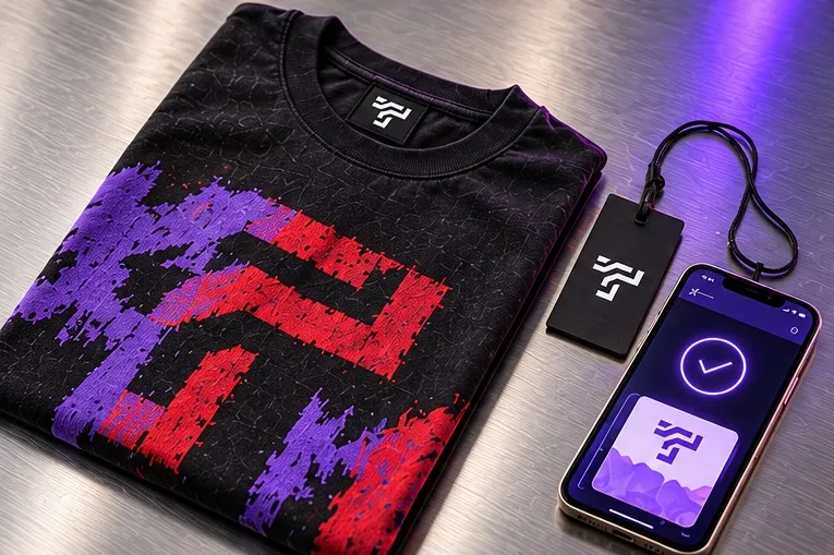 A folded black tee with a distressed violet and red ThreadTap graphic, beside a ThreadTap hang tag and a phone showing a verified check