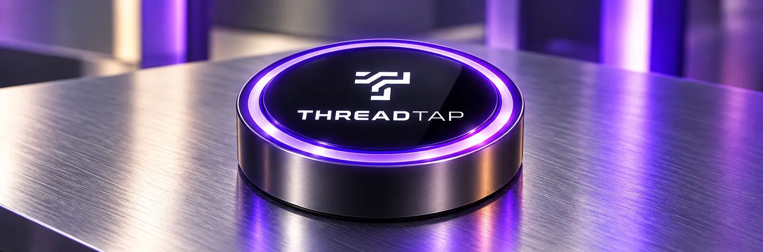 The ThreadTap NFC reader: a polished steel puck with a glowing violet ring and the ThreadTap logo on its glass top, on a brushed-steel counter