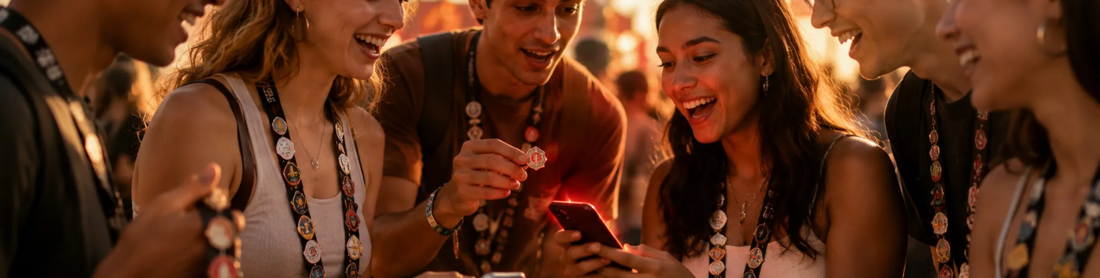 Friends with pin-covered lanyards laughing as they trade pins and check a phone