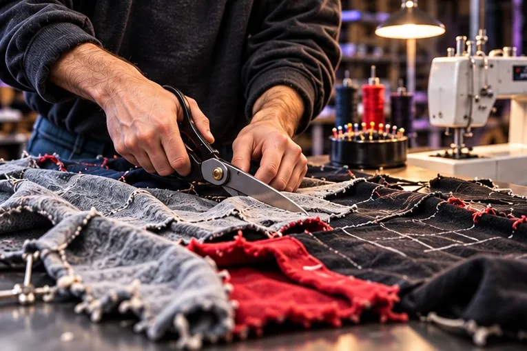 Hands cutting reworked denim and fabric panels with shears at a studio table, a sewing machine and thread spools behind