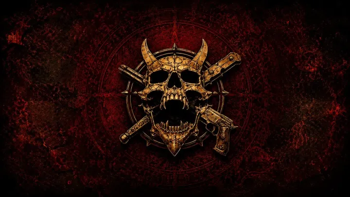 Year of the Devil key art — a gold horned skull emblem on a dark red background