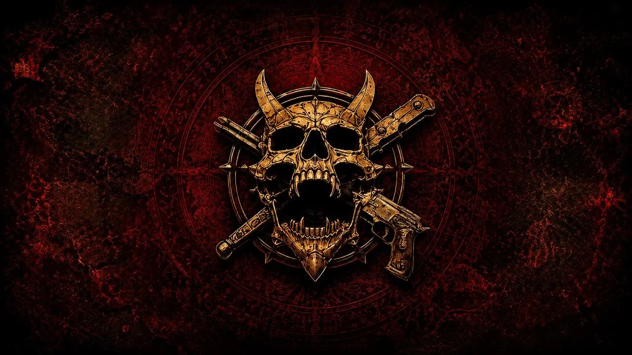 Year of the Devil key art: a gold horned skull emblem on a dark red background